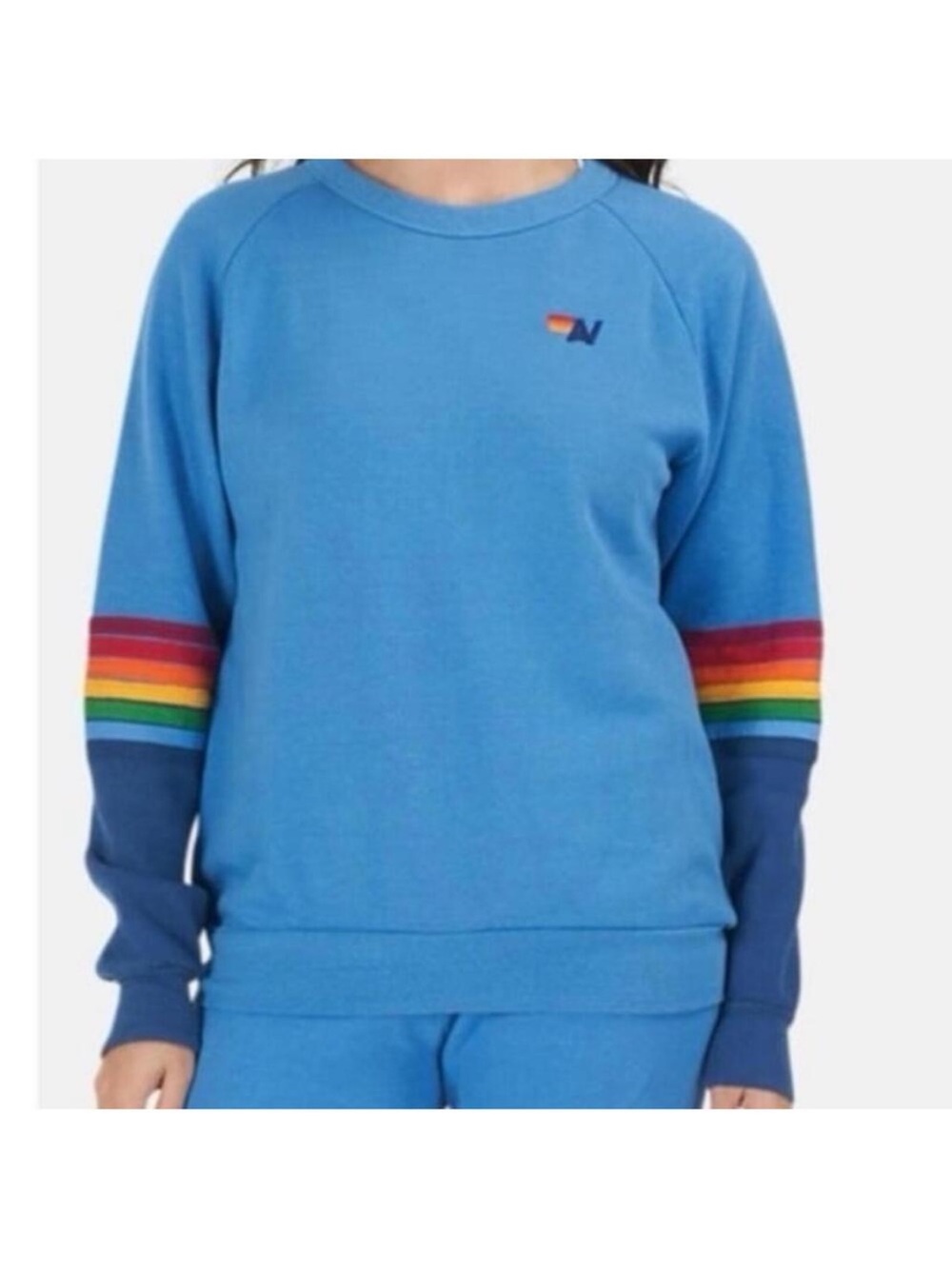 Aviator Nation Blue Crewneck Sweatshirt with Rainbow Sleeve Stripes size S
